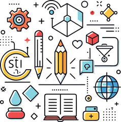 Abstract Geometric Icons Representing Technology And Creativity On White Background vector illustration