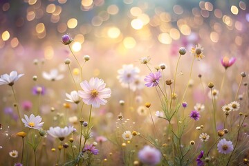 Soft focus meadow with delicate pink and white flowers and golden bokeh lights