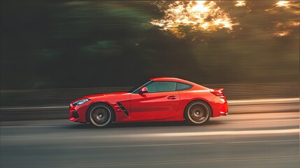 Obraz premium A sleek sports car in motion, showcasing speed and dynamic lighting on a simple road.