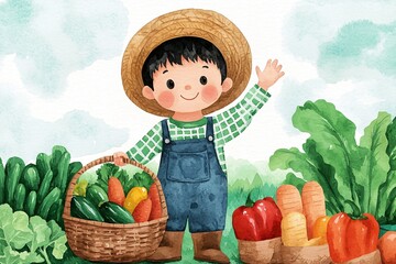 Happy Child Farmer Harvesting Fresh Vegetables in Garden Watercolor Illustration