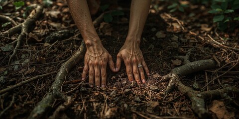 Fototapeta premium Hands resting on forest floor with visible tree roots