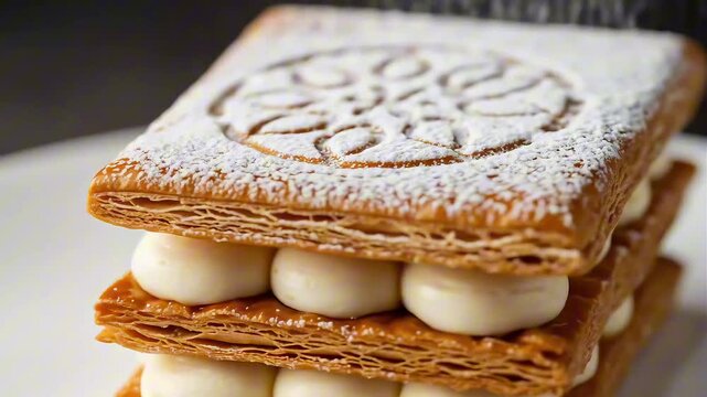An elegant square mille-feuille pastry with crisp layers, piped cream, and a decorative powdered sugar design on top.