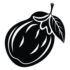 Black Graphic Illustration Single Eggplant with Leafy Stem Vector Image Silhouette