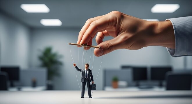 Giant hand manipulating a small businessman puppet with strings in an office, symbolizing corporate control, manipulation, and power dynamics.