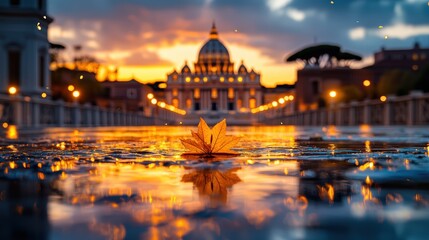 Fototapeta premium Stunning sunset over historic city with grand domed architecture reflecting on water surface with floating leaf