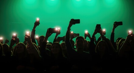 People holding up smartphones with lights at a concert under green stage lights, symbolizing live events, digital media, and fan engagement.