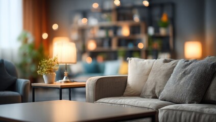 Cozy living room, soft lighting, plush sofa