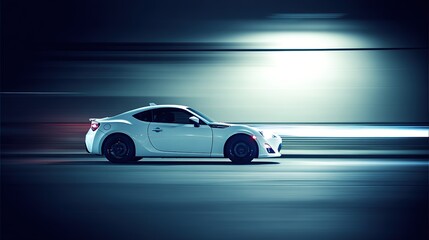 A sleek sports car in motion, showcasing speed and dynamic lighting on a simple road.