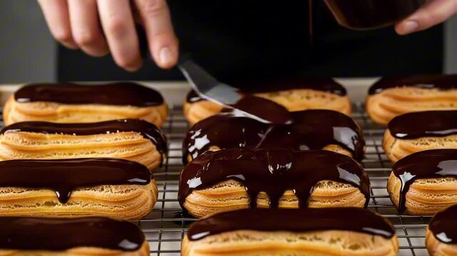 A baker's hands carefully spread a rich, dark chocolate glaze over freshly made eclairs on a wire cooling rack.