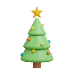 Charming 3D cartoon Christmas tree adorned with colorful baubles and a shining star, perfect for festive holiday designs and celebrations.