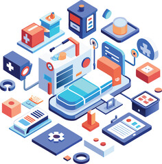 Fototapeta premium Isometric medical technology and patient care devices with hospital bed and tablet healthcare