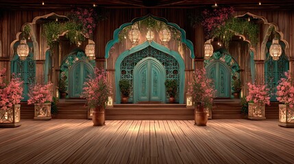 Intricate wooden stage with turquoise arched doors, flanked by plants and soft lanterns