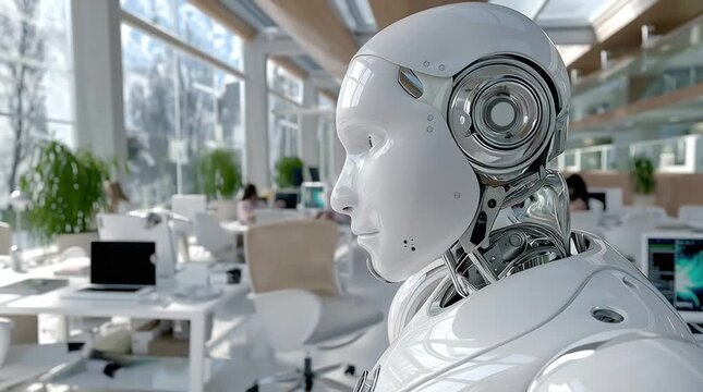 Futuristic humanoid robot with a sleek design, is positioned in a modern office environment, showcasing advanced technology and innovation in a collaborative workspace filled with greenery and digital
