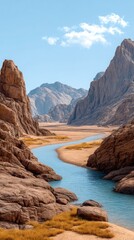 Serene desert river winding through rocky canyons