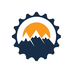 Dark blue gear with orange sun and white mountain peaks on transparent background cogwheel