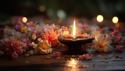 Warm candle flame, flowers, and dark wood