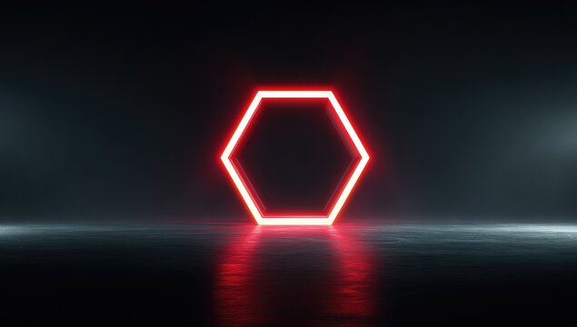 Red neon hexagon frame in dark studio