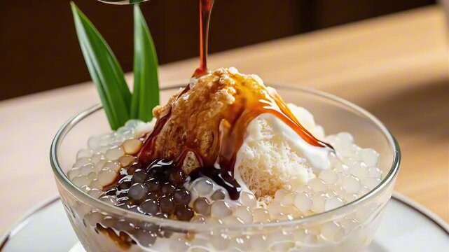 Pouring sweet palm sugar syrup over a traditional Asian shaved ice dessert with sago pearls and pandan leaves.