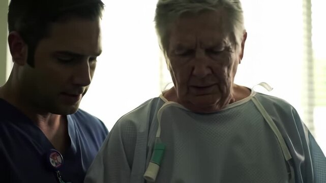Healthcare professional assisting elderly man with medical tubing. Rehabilitation and patient support concept.
