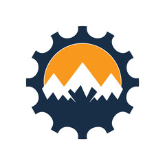Dark blue gear with orange sun and white mountains inside on a white background cogwheel wheel