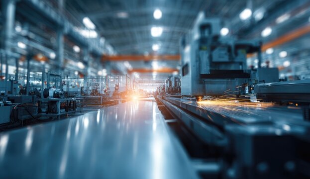 Industrial metal fabrication facility.  Blurred metalworking machinery, conveyor belt, sparks - Powered by Adobe