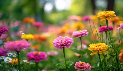 Obraz premium Colorful zinnia flowers in a garden, vibrant blossoms in various shades of pink, orange, yellow, and touches of white, soft focus