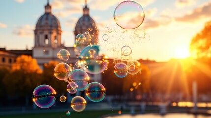 Colorful soap bubbles floating in front of historic architecture du a vibrant sunset scene with warm golden light