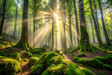 Sunlight streams through a lush green forest illuminating mossy rocks and tall trees