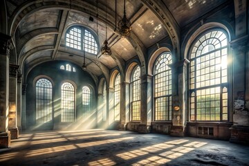 Sunlight streams through grand arched windows of a decaying abandoned cathedral interior
