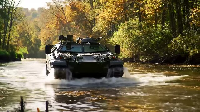 Amphibious Vehicle Crossing River Off-Road Test in Natural Environment