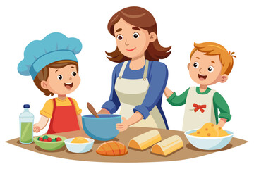 This wholesome cooking scene represents family bonding, learning, and home traditions. Ideal for educational content, parenting blogs, recipe books, and family-themed advertisements.
