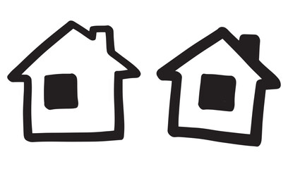 Two simple black and white hand drawn houses representing home and real estate