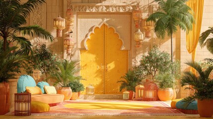 Sunny courtyard with orange door, plants, lanterns and pillows, inviting and vibrant