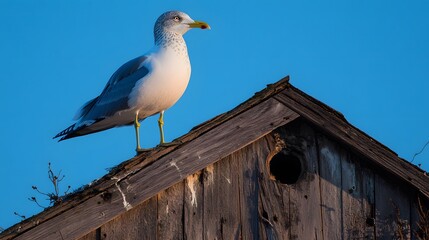 Obraz premium Seagull Perched on Old Wooden Birdhouse Rooftop
