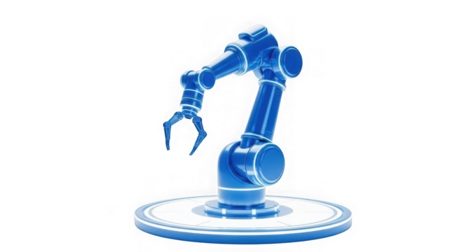 Ai generated image of blue robotic arm for industrial automation, isolated on transparent background