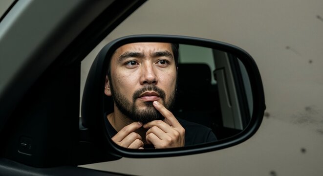 Man looking at beard in car mirror with sharp lighting and clear reflection in minimalist centered