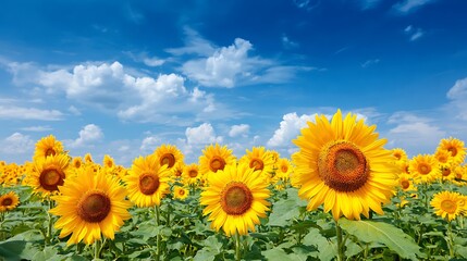 Fototapeta premium Vibrant sunflower field under a clear blue sky with fluffy white clouds, evoking summer joy