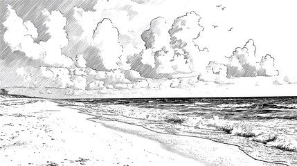 Obraz premium Pen and ink drawing of a serene beach scene.