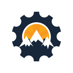 Dark blue gear with white mountains and orange sun graphic wheel