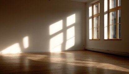 Sunlit empty room with hardwood floors and large windows