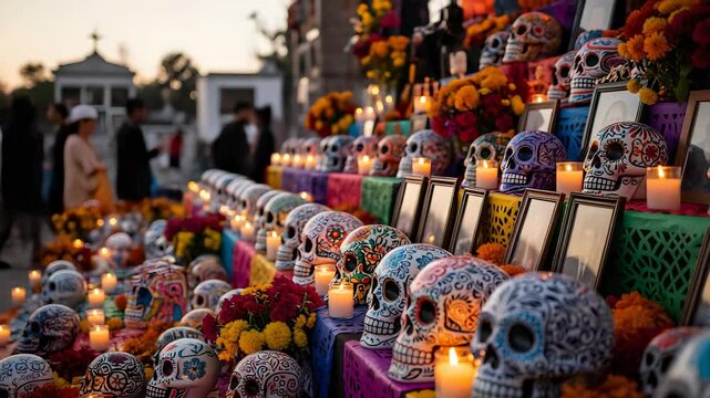 Eye Level View of Rows of Colorful Sugar Skulls and Candles in Outdoor Setting for Day of the Dead Celebration