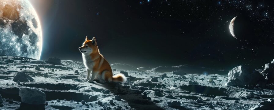 Shiba inu dog on moon and flag crypto dogecoin currency cash money savings for payment asset concept financial cute animal pet.
