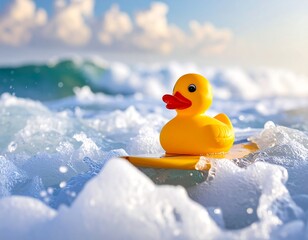 Yellow rubber duck on a small surfboard in waves