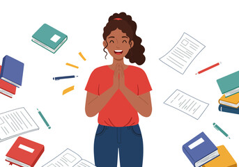 Happy woman surrounded by floating books, papers, and pens, expressing joy and success.