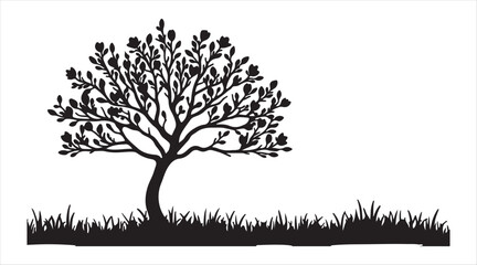 A spring magnolia tree with flowers, leaves, and grass is depicted in black silhouette, isolated on a white background. Vector

