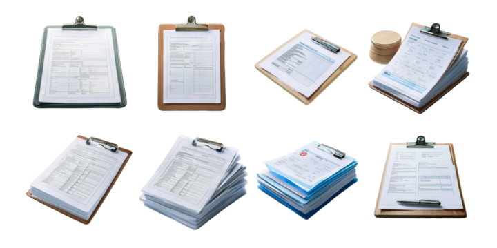 Various Clipboards and Paper Documents for Office Use, PNG collection, set bundle, isolate on transparent or white background
