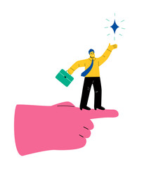 Business man standing on huge human hand. Achieving goal concept. Flat vector illustration isolated on white background