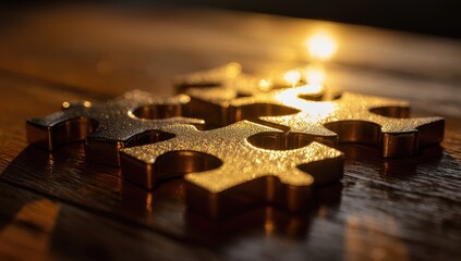 Golden puzzle pieces on a wooden surface, sunlit