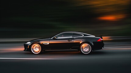 Naklejka premium A sleek sports car in motion, showcasing speed and dynamic lighting on a simple road.