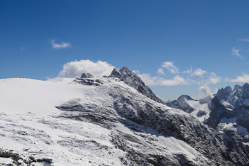 Les Deux Alpes. Mountain range of the French Alps. Snow-capped peaks. Perennial glaciers.